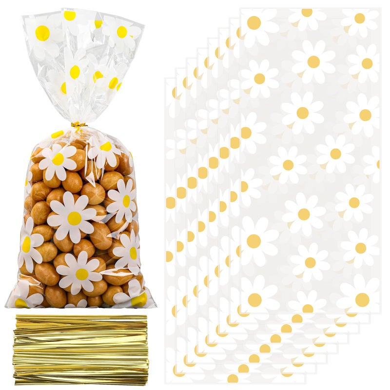 وولاين حقيبة سيلوفان ديزي 100 قطعة من Whaline مع أربطة ذهبية ملفوفة على شكل زهرة بيضاء وأكياس حلوى حلوى بلاستيكية وأكياس زهور تشيلو جودي لربيع وصيف وأعياد ميلاد الطفل وحفلات الزفاف - Image 1